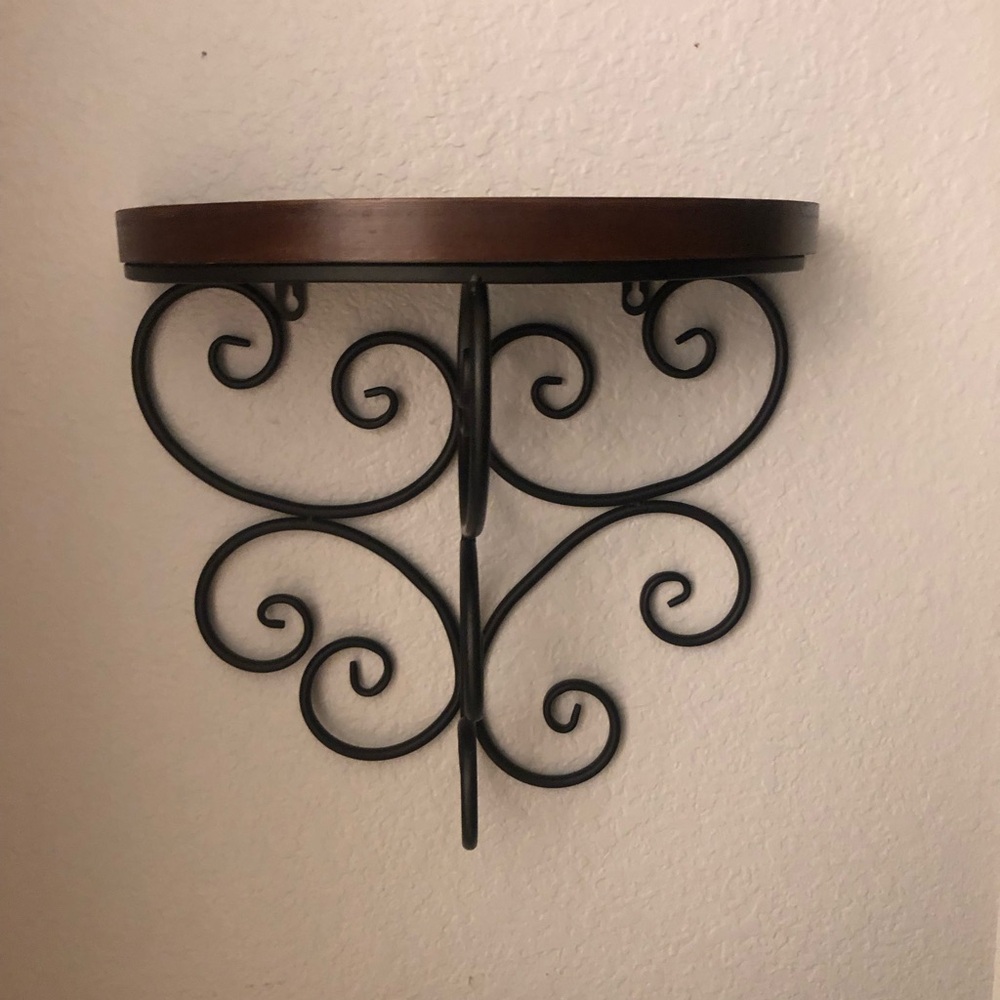 Decorative Wall Shelf with Black Scroll Bracket and Brown Wood Top